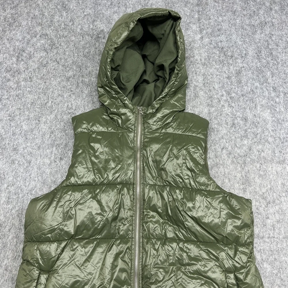 Old Navy Hooded Puffer Vest Womens Large Green Quilted‎ Fleece Lined About Thyme